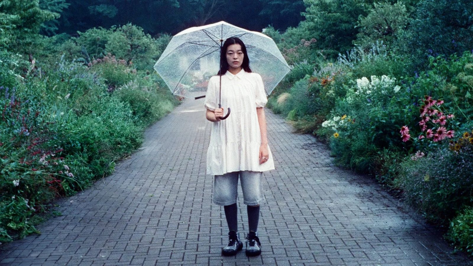 Model with a clear umbrella standing on a brick garden path between flower beds